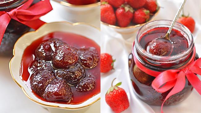 варенье с целой клубникой в банке и в тарелке